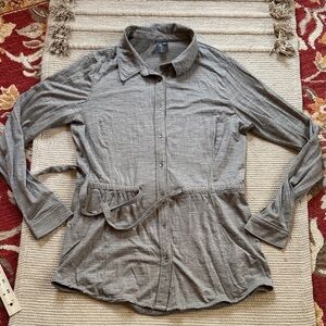 Ibex Zque shirt button down tunic belt taupe grey heather merino wool women’s M